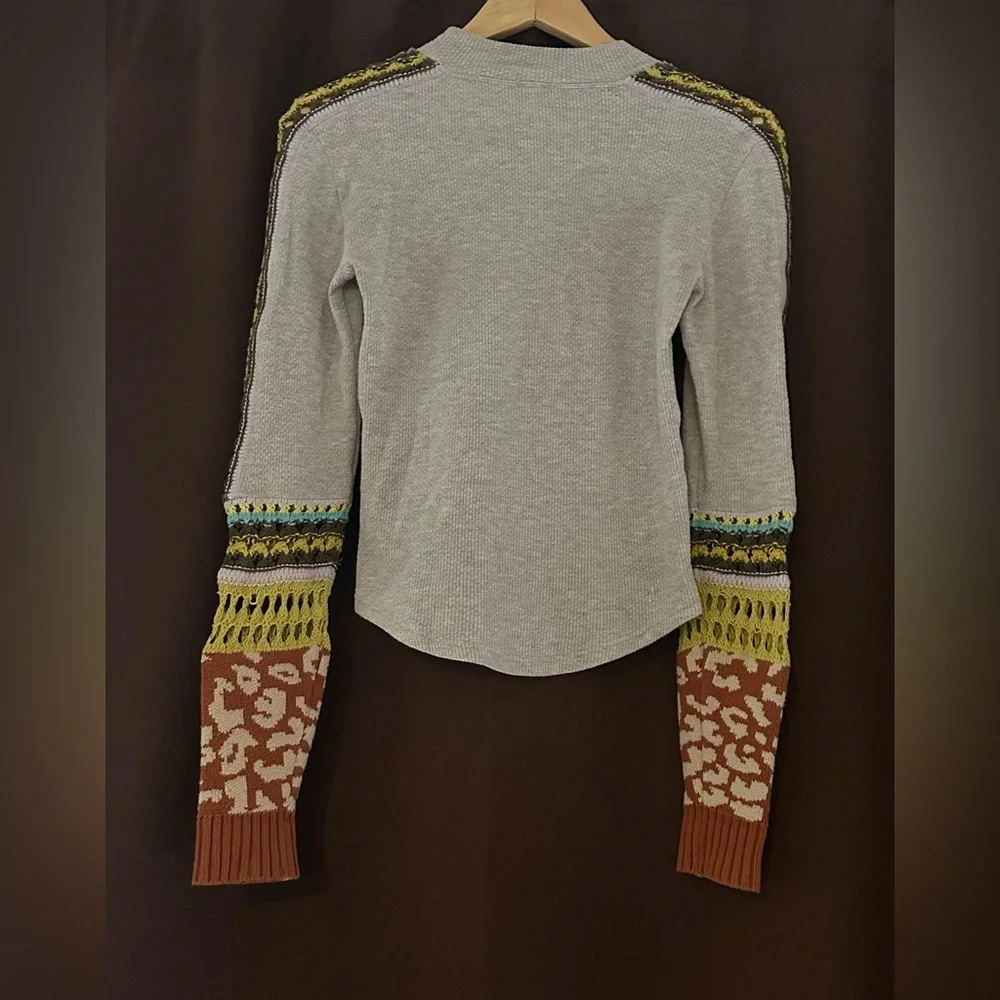 Free People Gray Top with Colorful Patterned Sleeves